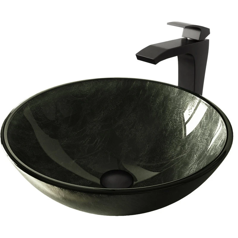 VIGO Gray Onyx Glass Vessel Sink And Blackstonian Faucet, Matte Black Finish
