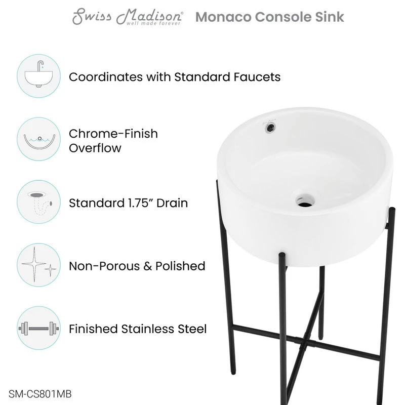 Swiss Madison Monaco 16.5" Round Console Sink, White Basin Matte Black Legs - Image 7