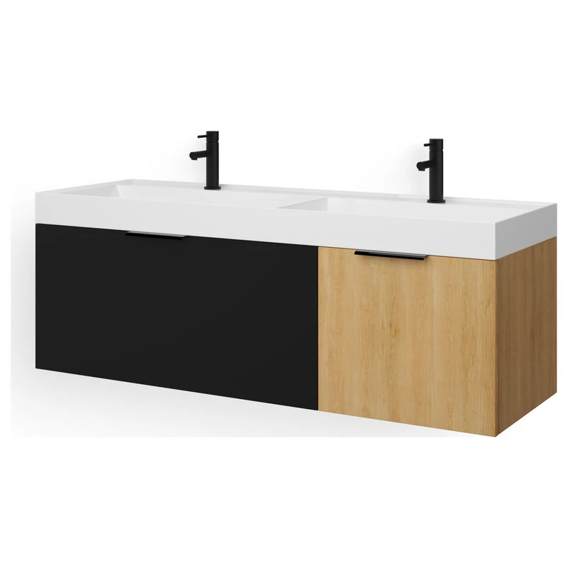 MOD The Nuvo Bathroom Vanity, Double Sink, 55", Black Glass And Maple, Wall Mounted - Image 10