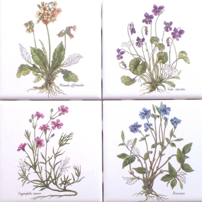 Mottles Murals Ceramic Tile Herb Ceramic Tile 4.25" X 4.25" Primula Officianalis Set Of 4 Flower Kiln Fired - Image 2
