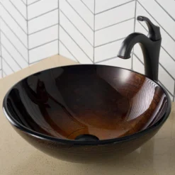 Kraus USA, Inc. Glass Vessel Sink, Bathroom Arlo Faucet, PU Drain, Mounting Ring, Oil Rub Bronze