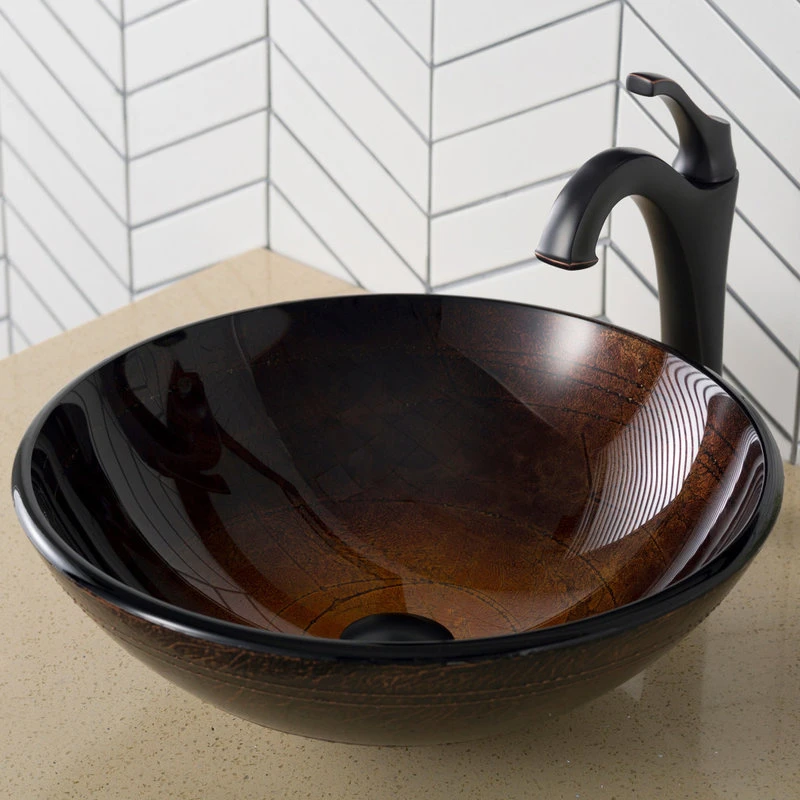 Kraus USA, Inc. Glass Vessel Sink, Bathroom Arlo Faucet, PU Drain, Mounting Ring, Oil Rub Bronze
