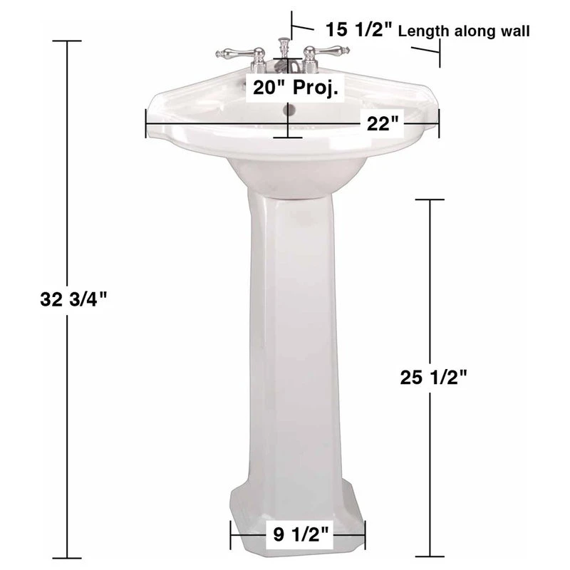 Renovators Supply Manufacturing White Corner Pedestal Sink With 4" Brass Faucet & Sink Drain - Image 4