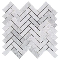 Tiles R Us Carrara White Marble Polished Herringbone Mosaic Tile, 12"x12" Sheets, Set Of 5