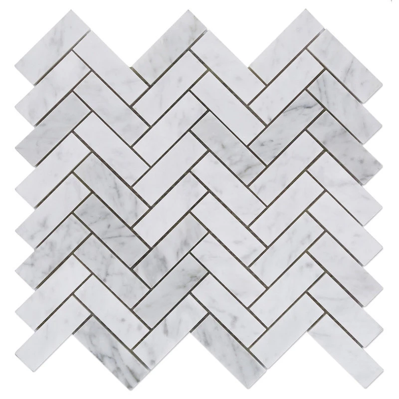 Tiles R Us Carrara White Marble Polished Herringbone Mosaic Tile, 12"x12" Sheets, Set Of 5