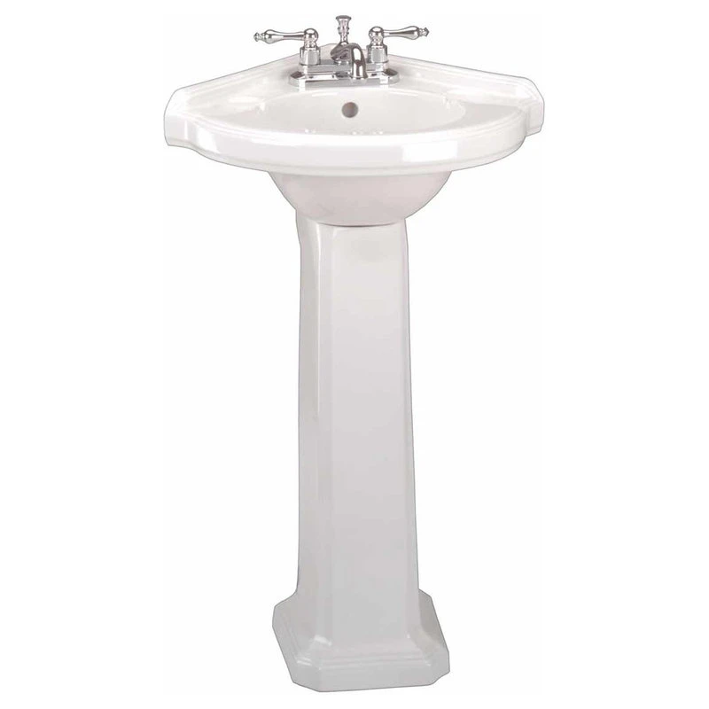 Renovators Supply Manufacturing White Corner Pedestal Sink With 4" Brass Faucet & Sink Drain