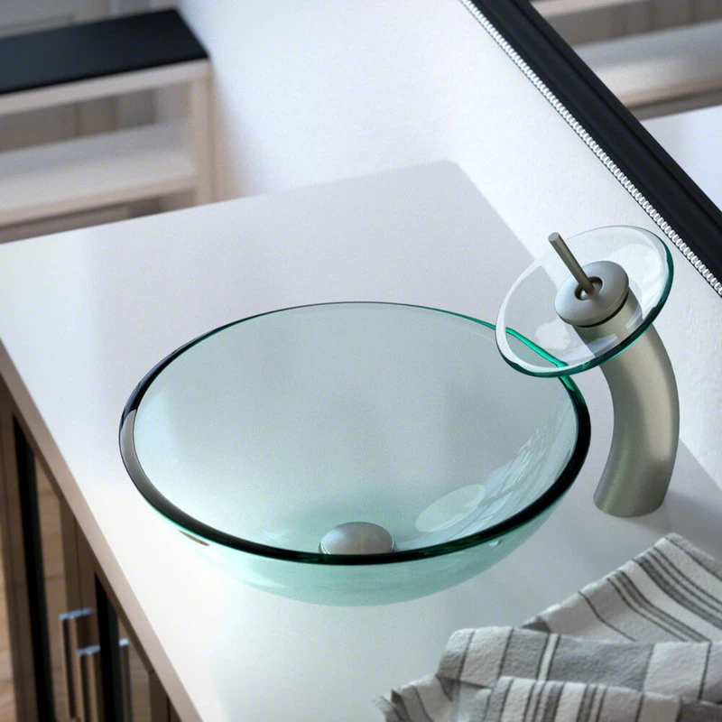 MR Direct Sinks And Faucets 601 Colored Glass Vessel Sink, Crystal, Waterfall Faucet, Brushed Nickel - Image 2