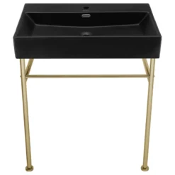 Swiss Madison Claire 30 Ceramic Console Sink Matte Black Basin Gold Legs