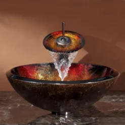 Kraus USA, Inc. Glass Vessel Sink, Bathroom Waterfall Faucet, Drain, Mount Ring, Oil Rub Bronze