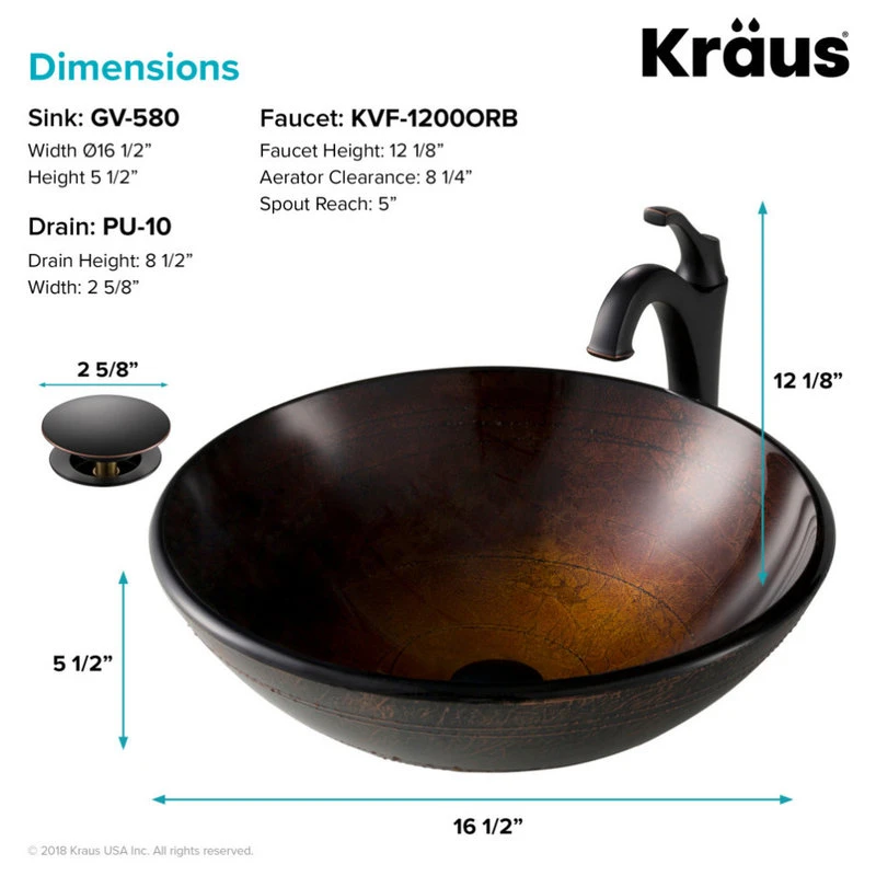 Kraus USA, Inc. Glass Vessel Sink, Bathroom Arlo Faucet, PU Drain, Mounting Ring, Oil Rub Bronze - Image 8