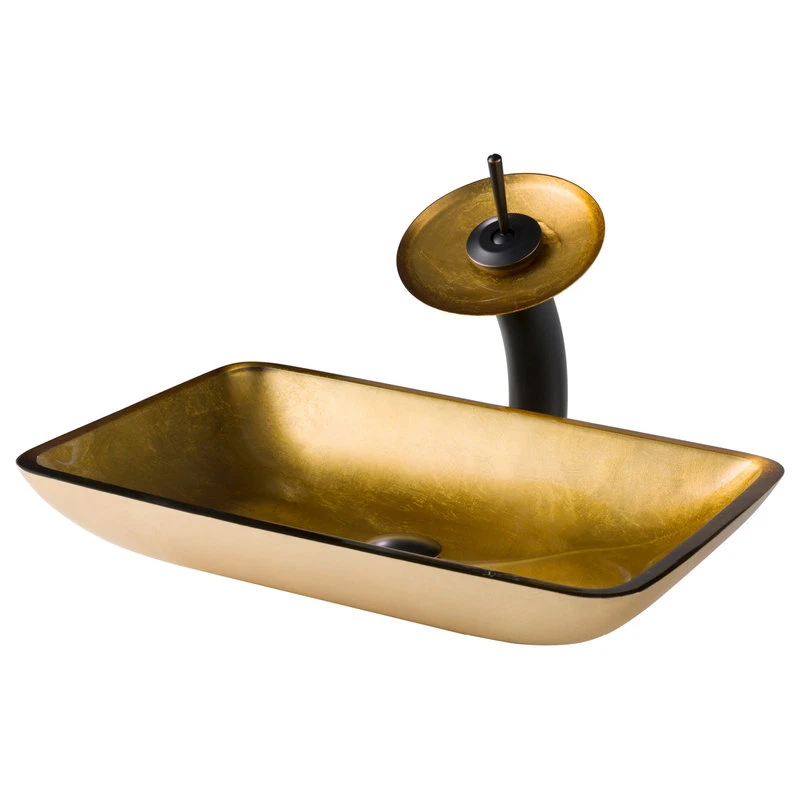 Kraus USA, Inc. Glass Vessel Sink, Bathroom Waterfall Faucet, Drain, Mount Ring, Oil Rub Bronze