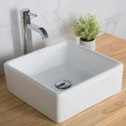 Kraus USA, Inc. Elavo Square Ceramic Vessel Sink, Bathroom Ramus Faucet, PU Drain, Chrome