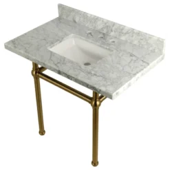 Kingston Brass 36X22 Marble Vanity Top W/Brass Console Legs, Carrara Marble/Brushed Brass
