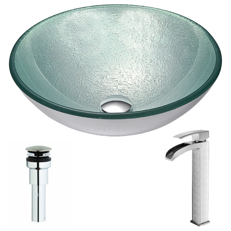 ANZZI Spirito Series Deco-Glass Vessel Sink With Key Faucet, Brushed Nickel