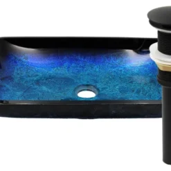 Novatto Fresca Blue And Black Glass Vessel Bath Sink And Drain, Matte Black
