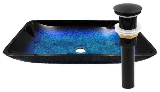 Novatto Fresca Blue And Black Glass Vessel Bath Sink And Drain, Matte Black