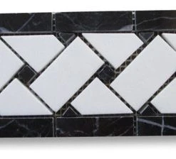 Stone Center Online Thassos White Marble 4x12 Basketweave Mosaic Border Black Dots Polish, 1 Sheet