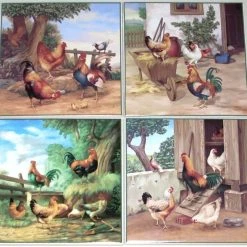 Mottles Murals Ceramic Tiles Rooster Ceramic Tile Chicken Scenes, 4-Piece Set