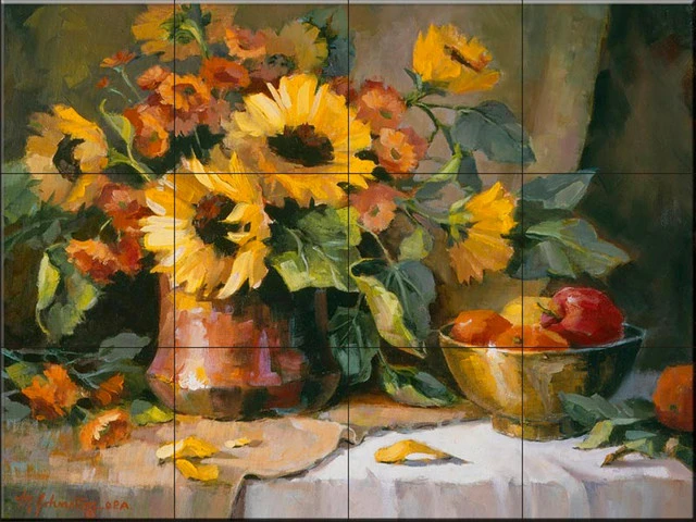 The Tile Mural Store (USA) Tile Mural, Sunflowers With Copper And Brass By Maxine Johnston
