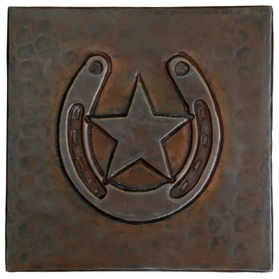 Hammermarc-CopperSinksDirect Horse Shoe/Star Design Hammered Copper Tile, 4"x 4"