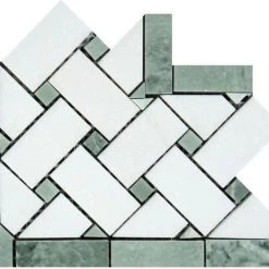 Thassos White Marble Honed Basketweave Border Corner W/ Ming-Green Dots