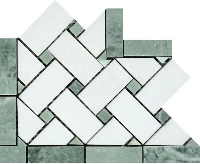 Thassos White Marble Honed Basketweave Border Corner W/ Ming-Green Dots