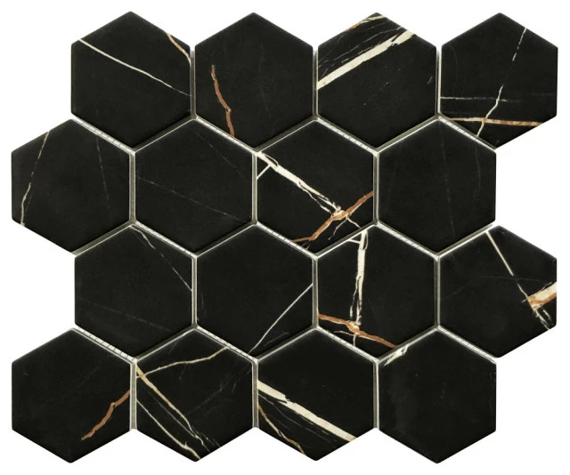DistrictII 3" Hexagon Matte Glass Mosaic Wall And Floor Tile, Nero Black Sample