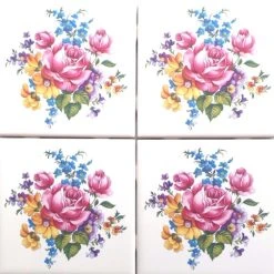 Mottles Murals Ceramic Tiles Pink Rose With Blue Kiln Fired Ceramic Tile American Olean, Set Of 4