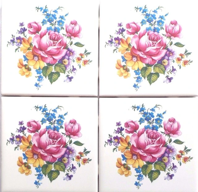 Mottles Murals Ceramic Tiles Pink Rose With Blue Kiln Fired Ceramic Tile American Olean, Set Of 4