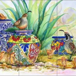 Artwork On Tile Ceramic Tile Mural Backsplash, Quail And Pots By Susan Libby, 18"x12"