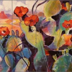 Artwork On Tile Ceramic Tile Mural Backsplash "Cactus Mesa" By Warren Cullar, 17"x12.75"