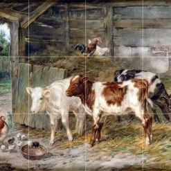 FlekmanArt Tile Mural Hub Tile Mural Cattle And Chickens Backsplash Ceramic Glossy