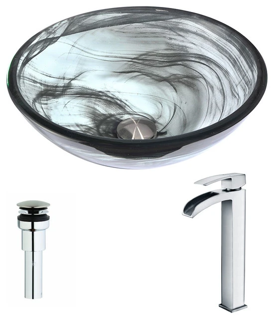 Anzzi Mezzo Series Deco-Glass Vessel Sink,Slumber Wisp With Key Faucet,Polished Chrome